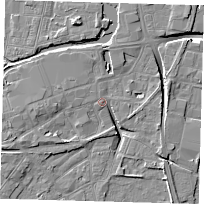 Shaded relief map of the ground around DN311JB, computed from Environment Agency LiDAR. The ground here sits at about 4 m above sea level and falls 10 m across the surrounding 800 m. Surface water reaching this point runs off ground lying to the south-west, 1.3 m higher.