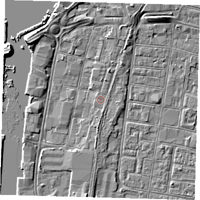 Shaded relief map of the ground around DN311JD, computed from Environment Agency LiDAR. The ground here sits at about 4 m above sea level and falls 6 m across the surrounding 800 m. Surface water reaching this point runs off ground lying to the south, 0.8 m higher.