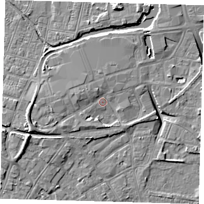 Shaded relief map of the ground around DN311JE, computed from Environment Agency LiDAR. The ground here sits at about 4 m above sea level and falls 12 m across the surrounding 800 m. Surface water reaching this point runs off ground lying to the west-south-west, 6.6 m higher.