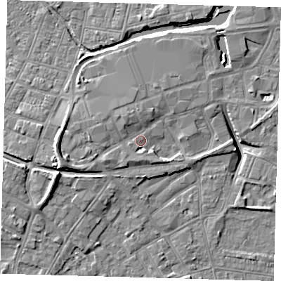 Shaded relief map of the ground around DN311JQ, computed from Environment Agency LiDAR. The ground here sits at about 5 m above sea level and falls 10 m across the surrounding 800 m. Surface water reaching this point runs off ground lying to the west-south-west, 5.3 m higher.
