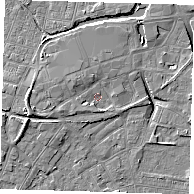 Shaded relief map of the ground around DN311JY, computed from Environment Agency LiDAR. The ground here sits at about 4 m above sea level and falls 12 m across the surrounding 800 m. Surface water reaching this point runs off ground lying to the south-west, 2.5 m higher.