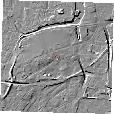 Shaded relief map of the ground around DN311LH, computed from Environment Agency LiDAR. The ground here sits at about 5 m above sea level and falls 13 m across the surrounding 800 m. Surface water reaching this point runs off ground lying to the north-west, 1.0 m higher.