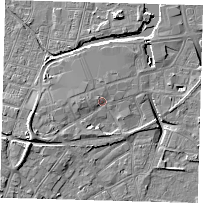 Shaded relief map of the ground around DN311LQ, computed from Environment Agency LiDAR. The ground here sits at about 5 m above sea level and falls 11 m across the surrounding 800 m. Surface water reaching this point runs off ground lying to the west-south-west, 6.1 m higher.