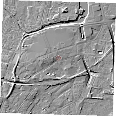 Shaded relief map of the ground around DN311LW, computed from Environment Agency LiDAR. The ground here sits at about 4 m above sea level and falls 13 m across the surrounding 800 m. Surface water reaching this point runs off ground lying to the west, 1.7 m higher.