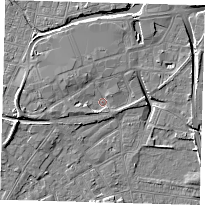 Shaded relief map of the ground around DN311NA, computed from Environment Agency LiDAR. The ground here sits at about 4 m above sea level and falls 13 m across the surrounding 800 m. Surface water reaching this point runs off ground lying to the west, 6.6 m higher.