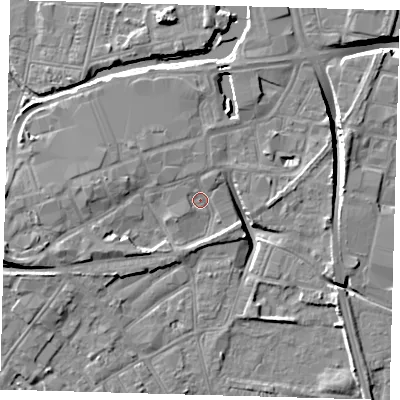 Shaded relief map of the ground around DN311NB, computed from Environment Agency LiDAR. The ground here sits at about 4 m above sea level and falls 12 m across the surrounding 800 m. Surface water reaching this point runs off ground lying to the west-south-west, 6.1 m higher.