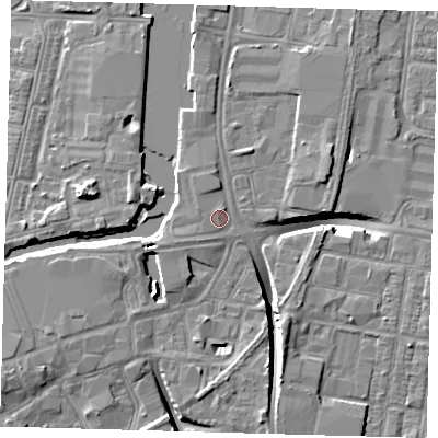 Shaded relief map of the ground around DN311NH, computed from Environment Agency LiDAR. The ground here sits at about 4 m above sea level and falls 10 m across the surrounding 800 m. Surface water reaching this point runs off ground lying to the west-south-west, 1.7 m higher.
