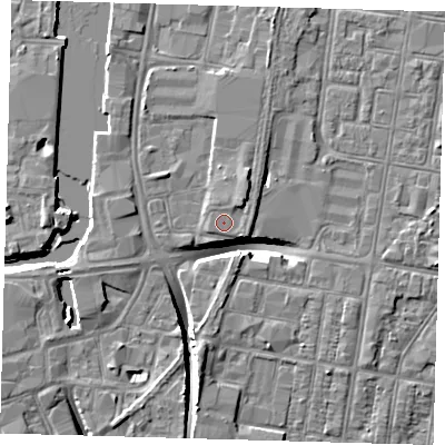 Shaded relief map of the ground around DN311NR, computed from Environment Agency LiDAR. The ground here sits at about 4 m above sea level and falls 9 m across the surrounding 800 m. Surface water reaching this point runs off ground lying to the north-east, 1.3 m higher.