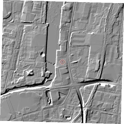 Shaded relief map of the ground around DN311NS, computed from Environment Agency LiDAR. The ground here sits at about 4 m above sea level and falls 10 m across the surrounding 800 m. Surface water reaching this point runs off ground lying to the south-south-east, 0.6 m higher.