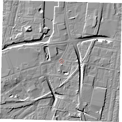 Shaded relief map of the ground around DN311NT, computed from Environment Agency LiDAR. The ground here sits at about 3 m above sea level and falls 10 m across the surrounding 800 m. Surface water reaching this point runs off ground lying to the west-south-west, 3.6 m higher.