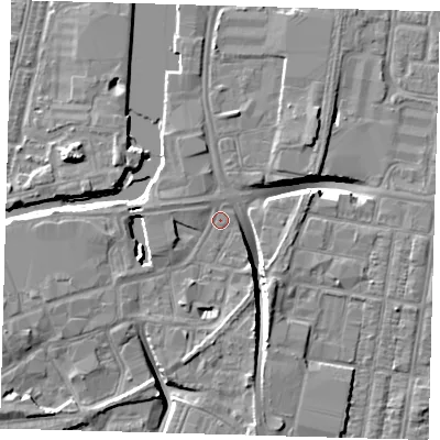 Shaded relief map of the ground around DN311NX, computed from Environment Agency LiDAR. The ground here sits at about 3 m above sea level and falls 10 m across the surrounding 800 m. Surface water reaching this point runs off ground lying to the west-south-west, 3.6 m higher.