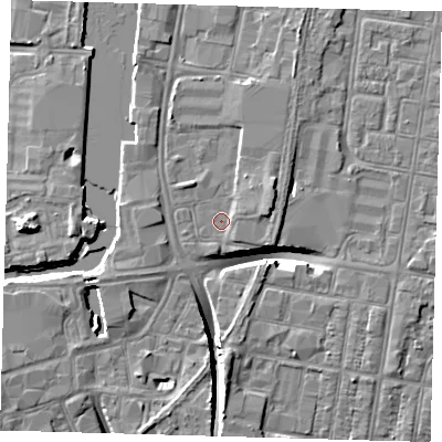 Shaded relief map of the ground around DN311PB, computed from Environment Agency LiDAR. The ground here sits at about 3 m above sea level and falls 10 m across the surrounding 800 m. Surface water reaching this point runs off ground lying to the east-north-east, 2.1 m higher.