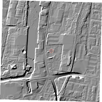 Shaded relief map of the ground around DN311PE, computed from Environment Agency LiDAR. The ground here sits at about 3 m above sea level and falls 10 m across the surrounding 800 m. Surface water reaching this point runs off ground lying to the east-south-east, 2.0 m higher.