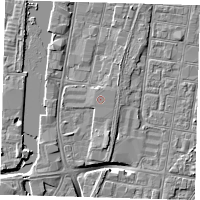 Shaded relief map of the ground around DN311PG, computed from Environment Agency LiDAR. The ground here sits at about 4 m above sea level and falls 9 m across the surrounding 800 m. The ground contributing surface water to this point lies to the north-north-east.