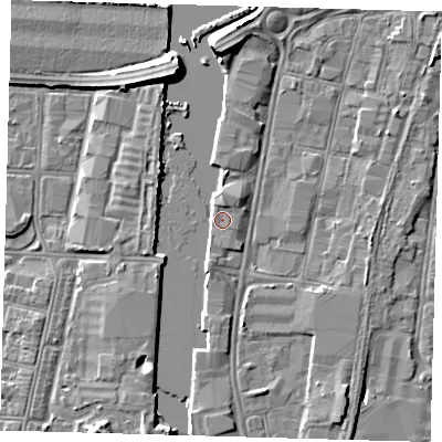 Shaded relief map of the ground around DN311PQ, computed from Environment Agency LiDAR. The ground here sits at about 4 m above sea level and falls 7 m across the surrounding 800 m. Surface water reaching this point runs off ground lying to the south-south-west, 1.9 m higher.