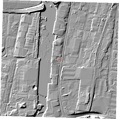Shaded relief map of the ground around DN311PS, computed from Environment Agency LiDAR. The ground here sits at about 3 m above sea level and falls 11 m across the surrounding 800 m. Surface water reaching this point runs off ground lying to the south-east, 2.3 m higher.