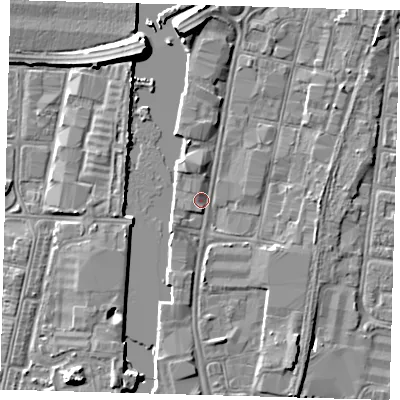 Shaded relief map of the ground around DN311PT, computed from Environment Agency LiDAR. The ground here sits at about 4 m above sea level and falls 7 m across the surrounding 800 m. Surface water reaching this point runs off ground lying to the south-east, 2.4 m higher.