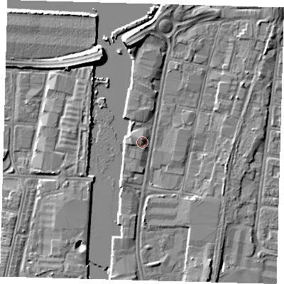 Shaded relief map of the ground around DN311PY, computed from Environment Agency LiDAR. The ground here sits at about 4 m above sea level and falls 7 m across the surrounding 800 m. Surface water reaching this point runs off ground lying to the north-north-west, 1.8 m higher.