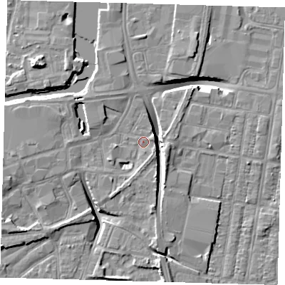 Shaded relief map of the ground around DN311QD, computed from Environment Agency LiDAR. The ground here sits at about 4 m above sea level and falls 10 m across the surrounding 800 m. Surface water reaching this point runs off ground lying to the south-south-east, 1.2 m higher.