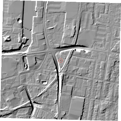 Shaded relief map of the ground around DN311QG, computed from Environment Agency LiDAR. The ground here sits at about 3 m above sea level and falls 10 m across the surrounding 800 m. Surface water reaching this point runs off ground lying to the south, 8.2 m higher.