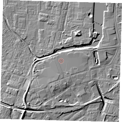 Shaded relief map of the ground around DN311QL, computed from Environment Agency LiDAR. The ground here sits at about 5 m above sea level and falls 10 m across the surrounding 800 m. Surface water reaching this point runs off ground lying to the south-south-west, 1.7 m higher.