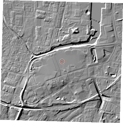 Shaded relief map of the ground around DN311QQ, computed from Environment Agency LiDAR. The ground here sits at about 5 m above sea level and falls 10 m across the surrounding 800 m. Surface water reaching this point runs off ground lying to the south-south-east, 0.5 m higher.