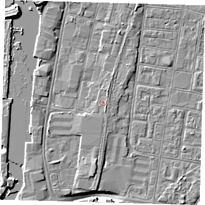 Shaded relief map of the ground around DN311QS, computed from Environment Agency LiDAR. The ground here sits at about 4 m above sea level and falls 11 m across the surrounding 800 m. Surface water reaching this point runs off ground lying to the south, 1.6 m higher.