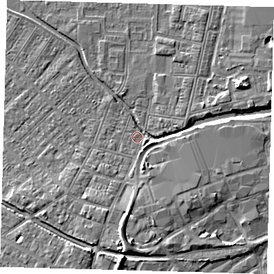 Shaded relief map of the ground around DN311RB, computed from Environment Agency LiDAR. The ground here sits at about 4 m above sea level and falls 8 m across the surrounding 800 m. Surface water reaching this point runs off ground lying to the south-east, 2.7 m higher.