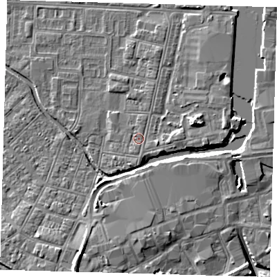 Shaded relief map of the ground around DN311RD, computed from Environment Agency LiDAR. The ground here sits at about 4 m above sea level and falls 9 m across the surrounding 800 m. Surface water reaching this point runs off ground lying to the east, 1.2 m higher.