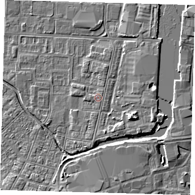 Shaded relief map of the ground around DN311RE, computed from Environment Agency LiDAR. The ground here sits at about 4 m above sea level and falls 6 m across the surrounding 800 m. Surface water reaching this point runs off ground lying to the east, 0.8 m higher.