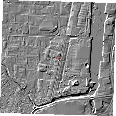 Shaded relief map of the ground around DN311RF, computed from Environment Agency LiDAR. The ground here sits at about 4 m above sea level and falls 6 m across the surrounding 800 m. Surface water reaching this point runs off ground lying to the north, 0.5 m higher.