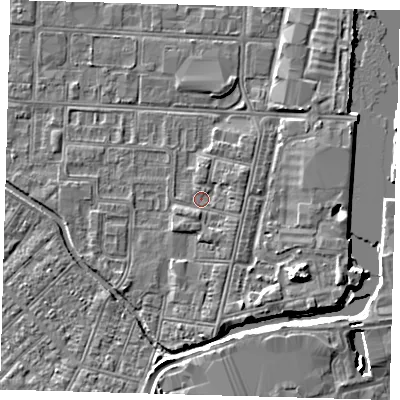 Shaded relief map of the ground around DN311RG, computed from Environment Agency LiDAR. The ground here sits at about 3 m above sea level and falls 6 m across the surrounding 800 m. Surface water reaching this point runs off ground lying to the east-north-east, 1.2 m higher.