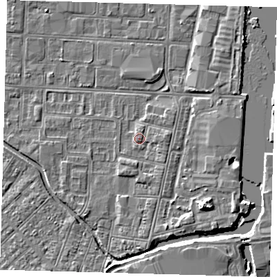 Shaded relief map of the ground around DN311RH, computed from Environment Agency LiDAR. The ground here sits at about 4 m above sea level and falls 6 m across the surrounding 800 m. Surface water reaching this point runs off ground lying to the east, 1.2 m higher.