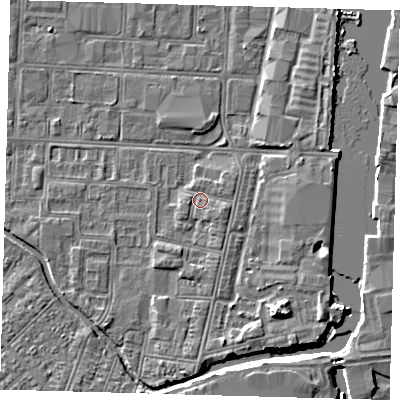 Shaded relief map of the ground around DN311RJ, computed from Environment Agency LiDAR. The ground here sits at about 4 m above sea level and falls 6 m across the surrounding 800 m. Surface water reaching this point runs off ground lying to the east-south-east, 1.2 m higher.