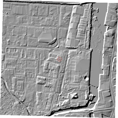 Shaded relief map of the ground around DN311RL, computed from Environment Agency LiDAR. The ground here sits at about 4 m above sea level and falls 6 m across the surrounding 800 m. Surface water reaching this point runs off ground lying to the south-south-east, 0.7 m higher.