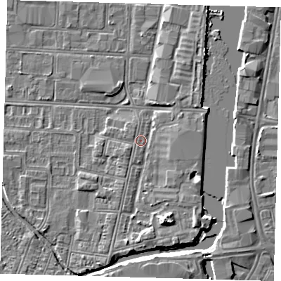 Shaded relief map of the ground around DN311RN, computed from Environment Agency LiDAR. The ground here sits at about 4 m above sea level and falls 6 m across the surrounding 800 m. Surface water reaching this point runs off ground lying to the south-south-east, 4.5 m higher.