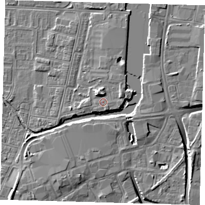 Shaded relief map of the ground around DN311RP, computed from Environment Agency LiDAR. The ground here sits at about 5 m above sea level and falls 12 m across the surrounding 800 m. Surface water reaching this point runs off ground lying to the north-north-west, 3.1 m higher.