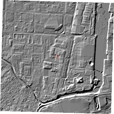 Shaded relief map of the ground around DN311RQ, computed from Environment Agency LiDAR. The ground here sits at about 3 m above sea level and falls 6 m across the surrounding 800 m. Surface water reaching this point runs off ground lying to the east-north-east, 1.2 m higher.
