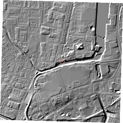 Shaded relief map of the ground around DN311RS, computed from Environment Agency LiDAR. The ground here sits at about 5 m above sea level and falls 10 m across the surrounding 800 m. Surface water reaching this point runs off ground lying to the east-north-east, 4.1 m higher.