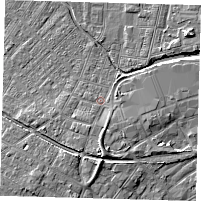 Shaded relief map of the ground around DN311RT, computed from Environment Agency LiDAR. The ground here sits at about 4 m above sea level and falls 8 m across the surrounding 800 m. Surface water reaching this point runs off ground lying to the south, 3.9 m higher.