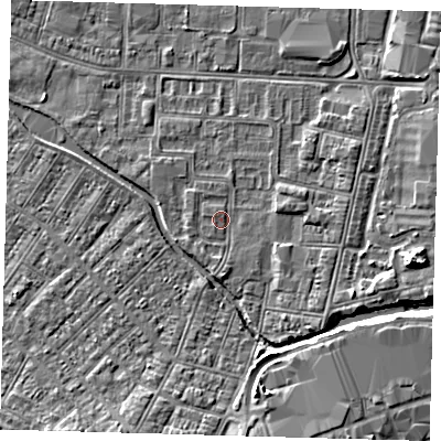 Shaded relief map of the ground around DN311RU, computed from Environment Agency LiDAR. The ground here sits at about 3 m above sea level and falls 6 m across the surrounding 800 m. Surface water reaching this point runs off ground lying to the south-east, 1.5 m higher.