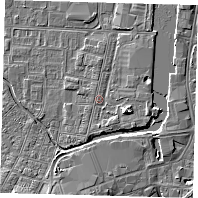 Shaded relief map of the ground around DN311RW, computed from Environment Agency LiDAR. The ground here sits at about 4 m above sea level and falls 6 m across the surrounding 800 m. Surface water reaching this point runs off ground lying to the east-south-east, 4.2 m higher.