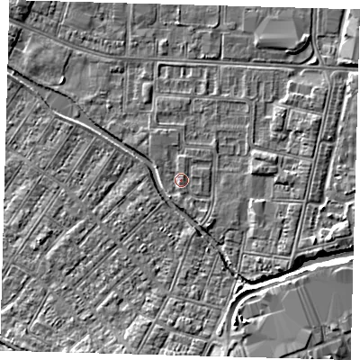 Shaded relief map of the ground around DN311RY, computed from Environment Agency LiDAR. The ground here sits at about 4 m above sea level and falls 5 m across the surrounding 800 m. Surface water reaching this point runs off ground lying to the south-south-west, 0.8 m higher.