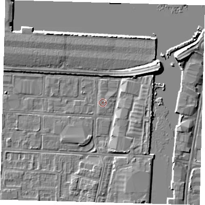 Shaded relief map of the ground around DN311SF, computed from Environment Agency LiDAR. The ground here sits at about 3 m above sea level and falls 7 m across the surrounding 800 m. Surface water reaching this point runs off ground lying to the east, 0.6 m higher.