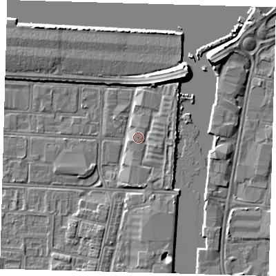 Shaded relief map of the ground around DN311SG, computed from Environment Agency LiDAR. The ground here sits at about 4 m above sea level and falls 7 m across the surrounding 800 m. Surface water reaching this point runs off ground lying to the south, 1.3 m higher.