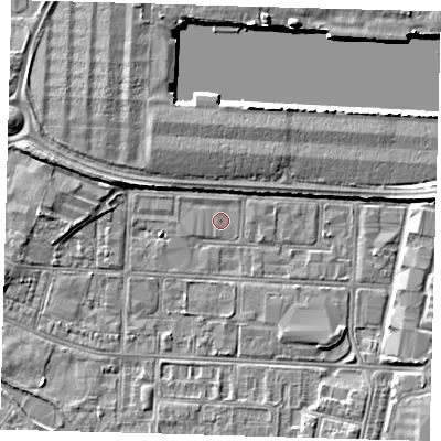 Shaded relief map of the ground around DN311SJ, computed from Environment Agency LiDAR. The ground here sits at about 3 m above sea level and falls 4 m across the surrounding 800 m. The ground contributing surface water to this point lies to the north-north-east.