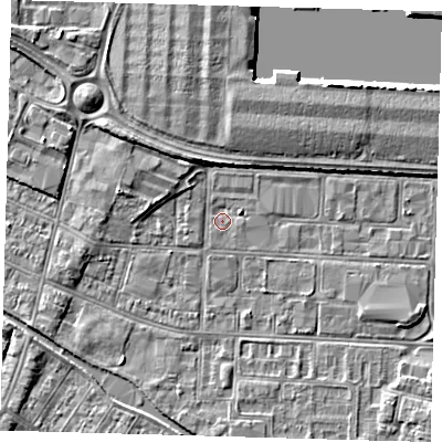 Shaded relief map of the ground around DN311SQ, computed from Environment Agency LiDAR. The ground here sits at about 3 m above sea level and falls 4 m across the surrounding 800 m. Surface water reaching this point runs off ground lying to the north, 3.1 m higher.