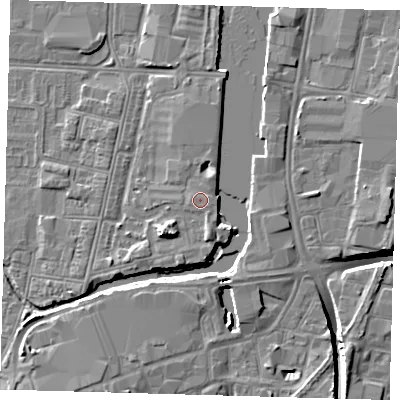 Shaded relief map of the ground around DN311SY, computed from Environment Agency LiDAR. The ground here sits at about 5 m above sea level and falls 10 m across the surrounding 800 m. The ground contributing surface water to this point lies to the east-north-east.