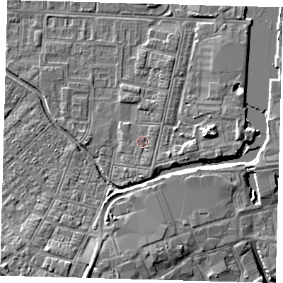 Shaded relief map of the ground around DN311TL, computed from Environment Agency LiDAR. The ground here sits at about 4 m above sea level and falls 9 m across the surrounding 800 m. Surface water reaching this point runs off ground lying to the south-south-east, 0.8 m higher.