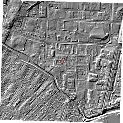 Shaded relief map of the ground around DN311TN, computed from Environment Agency LiDAR. The ground here sits at about 3 m above sea level and falls 4 m across the surrounding 800 m. The ground contributing surface water to this point lies to the west-south-west.